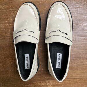 Ivory Patent Leather Steve Madden Loafers, Size 8